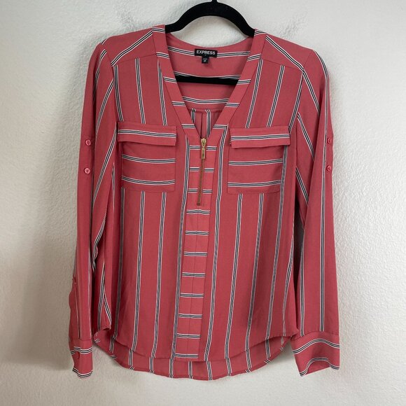 Express Womens XS Striped Zip Front Blouse Roll Tab Sleeve  V Neck Shirt - Picture 1 of 6